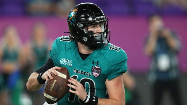 Coastal Carolina quarterback Grayson McCall drops back to pass.